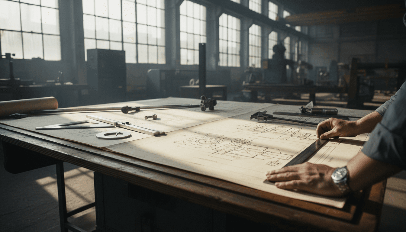 Technical engineer reviewing complex project blueprints and engineering schematics