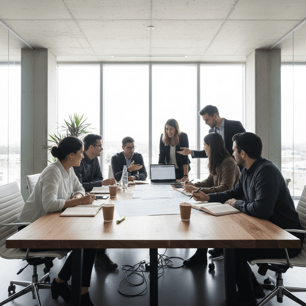 Technical team conducting project review and consultation meeting