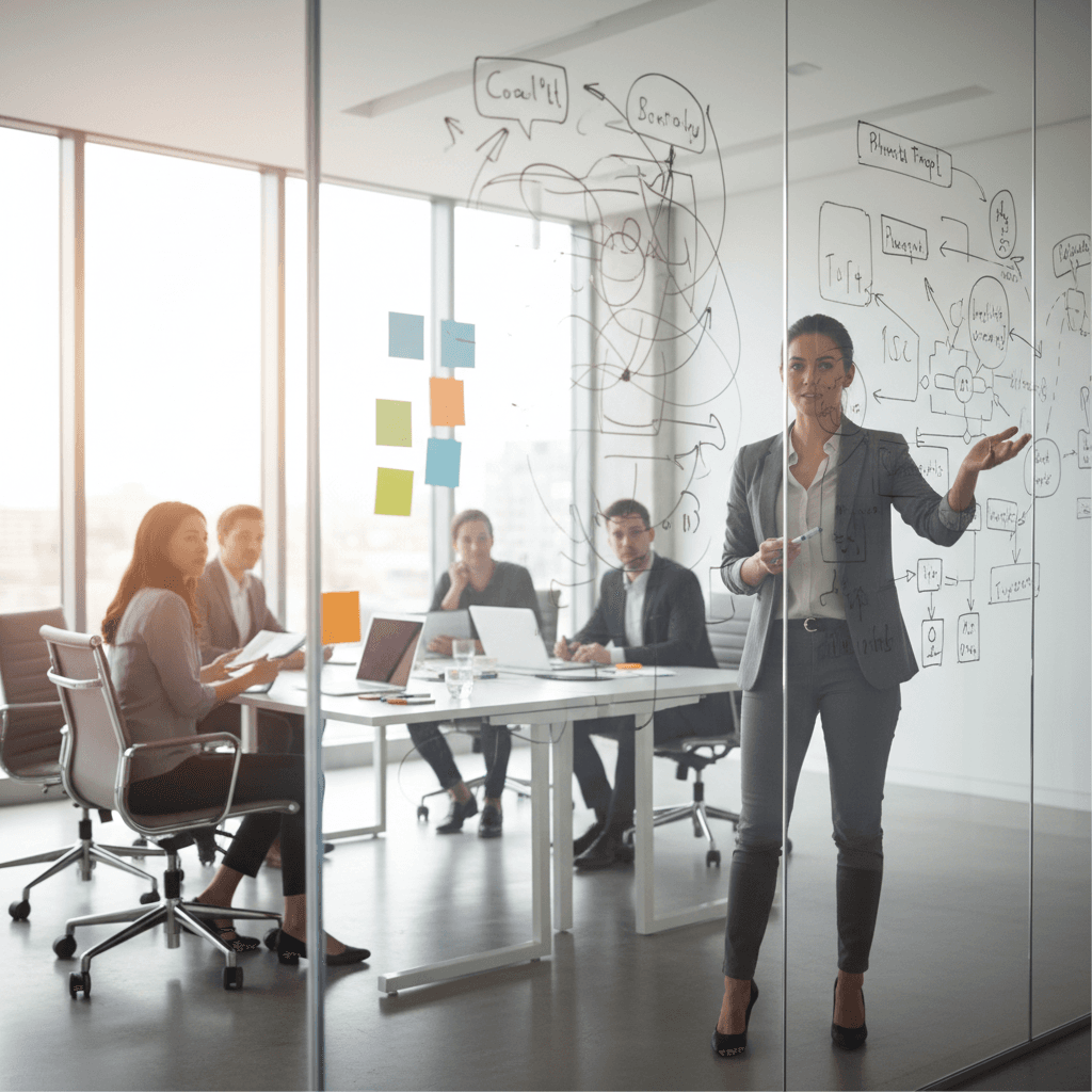 Project manager leading technical consulting session at whiteboard