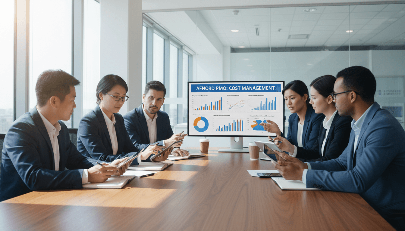 Team reviewing project budget charts on tablets and monitors in a modern office