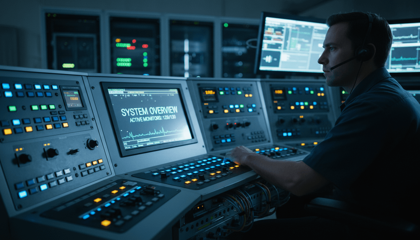 Modern control room or monitoring station with multiple technical displays and digital interfaces