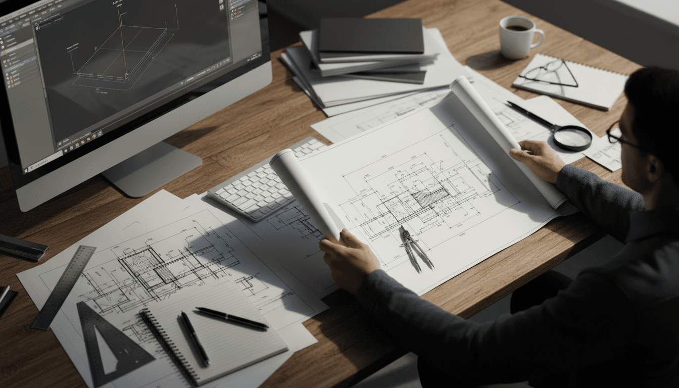 Engineer reviewing technical blueprints and CAD drawings at workspace