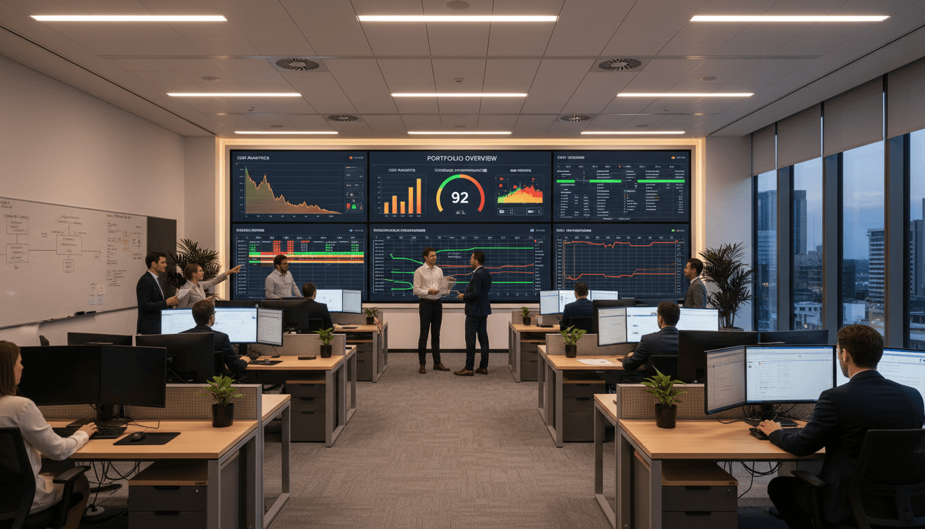 Comprehensive project controls war room with multiple large displays showing real-time cost analytics and performance metrics
